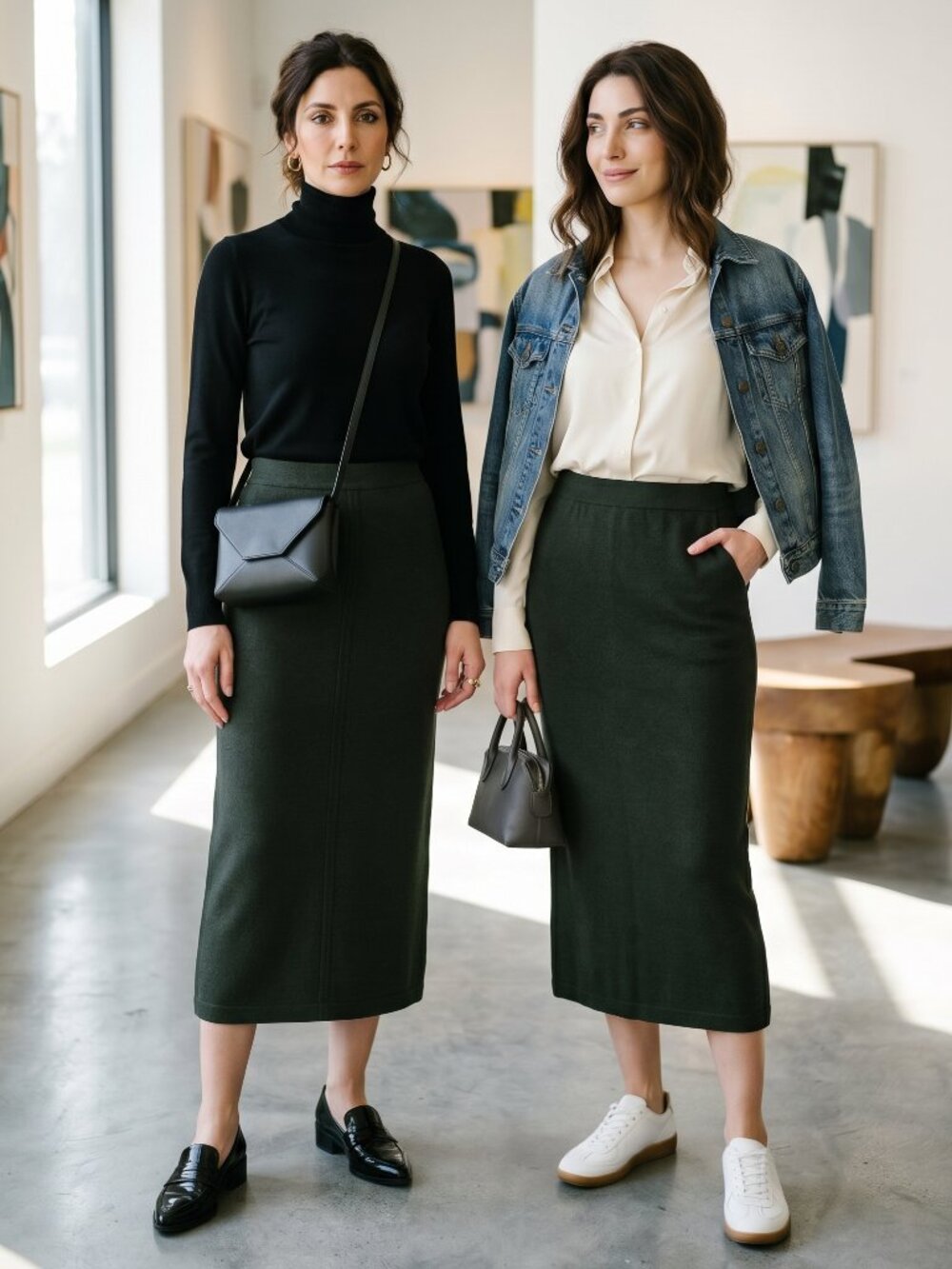 Classic Made in Italy Wool Knit Midi Pencil Skirt Forest Green Lined Slit 14